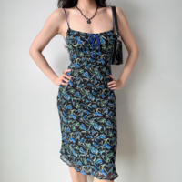 Retro Printed Suspender Midi Holiday Dress - Thumbnail 1
