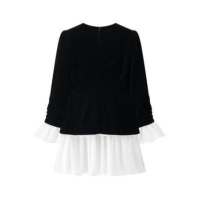 Lace-up fake two-piece irregular long-sleeved dress