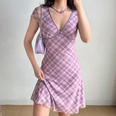 Sexy deep v-neck plaid mesh dress mid-length women's holiday dress - Thumbnail 1