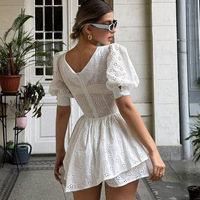 Ladies summer new V-neck bow puff sleeve high waist short dress - Thumbnail 2