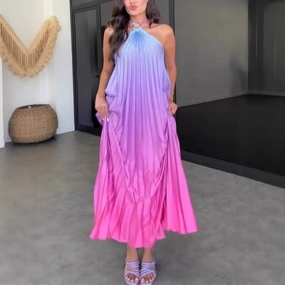 Sexy halter neck rainbow pleated dress
