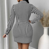 Fashion Thousand Bird Grid Tight Long Sleeve Dress - Thumbnail 4