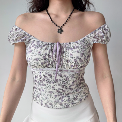 Floral short sleeve t-shirt cropped u-neck top