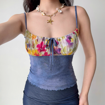Women's printed patchwork camisole top with open back