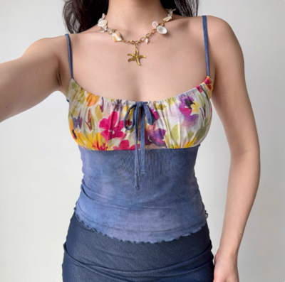 Women's printed patchwork camisole top with open back