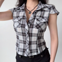 Retro lapel straight shoulder short sleeve plaid shirt - Thumbnail 2