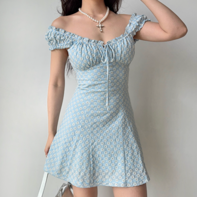 Retro puff sleeve lace-up embroidered a-line dress