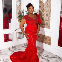 Red Prom Dress Mermaid Promdress Evening Dresses for Black Women Short Sleeves Beaded Lace Illusion Birthday Dress Second Reception - Thumbnail 1