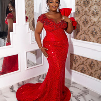 Red Prom Dress Mermaid Promdress Evening Dresses for Black Women Short Sleeves Beaded Lace Illusion Birthday Dress Second Reception - Thumbnail 2