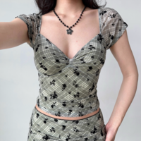 Flocked Plaid Short Sleeve T-Shirt Hip Skirt Set - Thumbnail 2