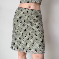 Flocked Plaid Short Sleeve T-Shirt Hip Skirt Set - Thumbnail 3