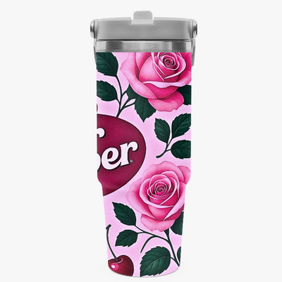 *pink rose pop design | 30 oz flip-straw stainless tumbler w/handle | free ship! *