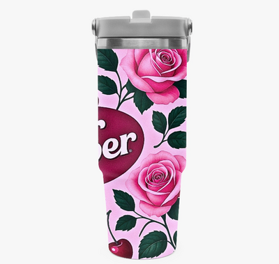 *Pink Rose Pop Design | 30 oz Flip-Straw Stainless Tumbler w/Handle | FREE SHIP! *