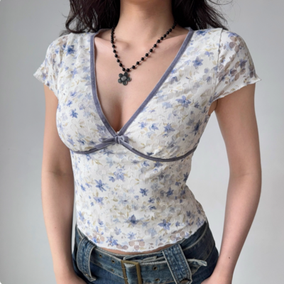 Sexy deep v neck short sleeve printed lace t-shirt