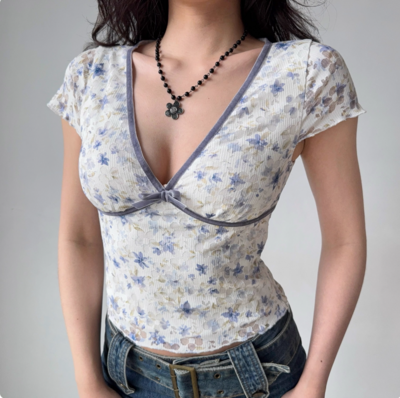 Sexy Deep V Neck Short Sleeve Printed Lace T-Shirt