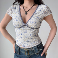 Sexy Deep V Neck Short Sleeve Printed Lace T-Shirt - Thumbnail 3