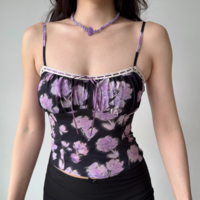 Retro flower print suspenders outerwear women's summer slim hottie top - Thumbnail 3