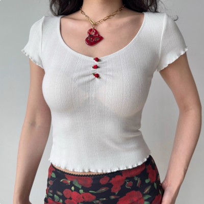 Three-dimensional small flower straight shoulder short-sleeved t-shirt with ruffled hem short top