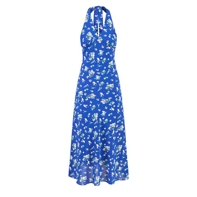 Deep V-neck halter dress with lace-up retro floral slim backless suspender dress
