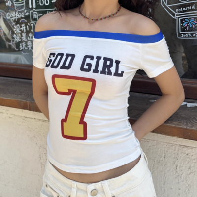 Retro digital and alphabet print one-shoulder short-sleeved t-shirt - Thumbnail 1