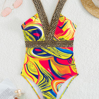 Sexy Print Strapped Swimwear Women  One Piece Swimsuit Backless Hollow Summer Bathing Suit - Thumbnail 4