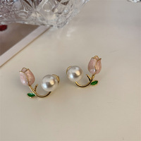 French Tulip Flower Stud Earrings Imitation Pearl Earrings for women Jewelry Party Gift - Thumbnail 3