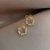   Fashion Rhinestone Imitation Pearl Round Bow Knot Earrings For Women - Thumbnail 2