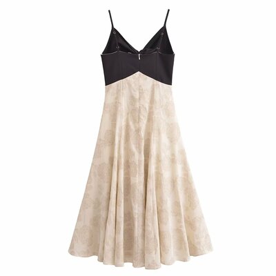 Contrast color stitching waist jacquard backless suspender dress long dress