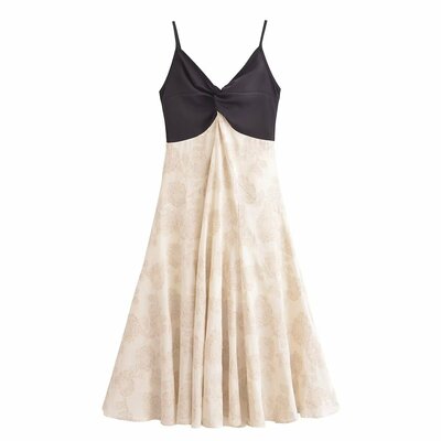 Contrast color stitching waist jacquard backless suspender dress long dress