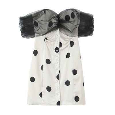 Off-shoulder polka dot mini single-breasted sleeveless tube top dress