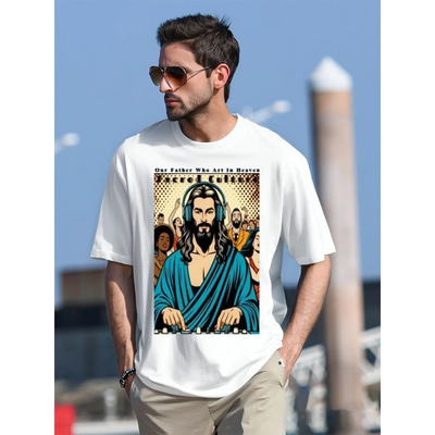 White unisex jesus music dj our father who art in heaven pop art short sleeve o -neck t-shirt 