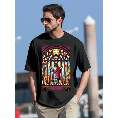 Black short sleeve jesus in church t-shirt 