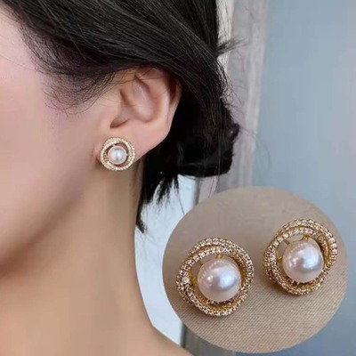 Vintage crystal women's pearl stud earrings for women girls