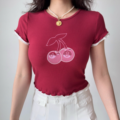 Retro cherry straight shoulder short sleeve t-shirt