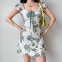 U-neck printed dress women's summer slim a-line short skirt - Thumbnail 2