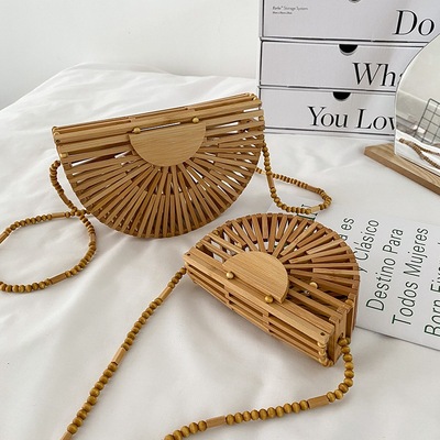 High quality Bamboo weaving Female Beach Bag  Woman Beaded Shoulder Crossbody Bags