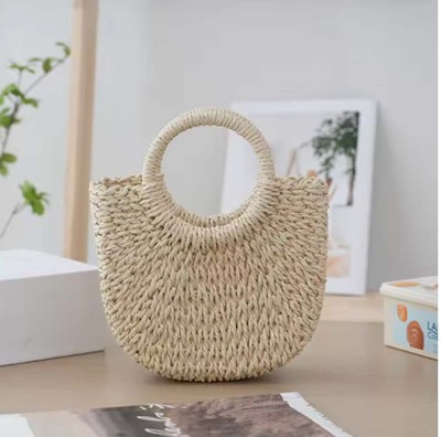  Ladies Vacation Carry-On Bag round Basket Bag Vintage Style Straw Woven Handbag 