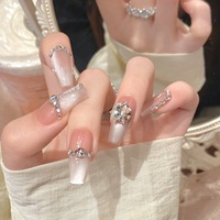 10pcs Handmade Press on Nails for Gluing Spring Green Cat Eye False Nails  - Thumbnail 2