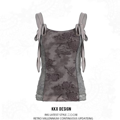Vintage floral print sexy lace-up vest