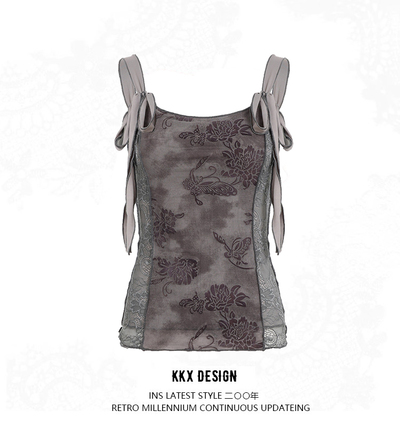 Vintage floral print sexy lace-up vest