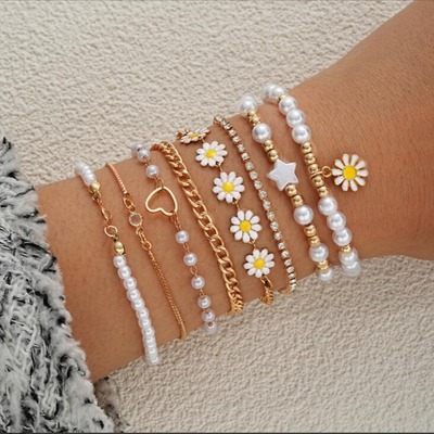  Vintage Daisy Flower Pendant Bracelet Set for Women 