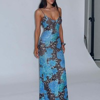 Women Elegant Print V Neck Slips Backless Sexy Bodycon Maxi Dress  - Thumbnail 2