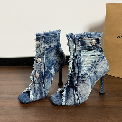 New tassel retro slim heel big fish mouth denim button cool boots