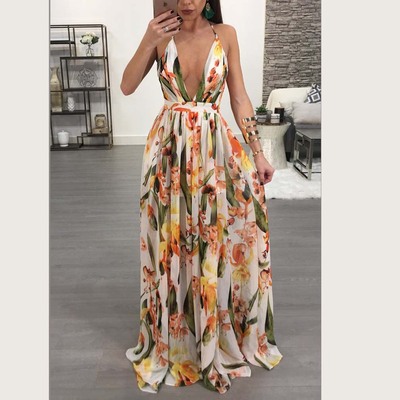 Elegant summer women long maxi dress v-neck party beach sexy dress