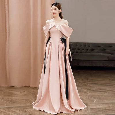 Summer one shoulder french banquet evening gown wedding dress pink satin bridal toast dress