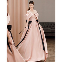 Summer One shoulder French banquet evening gown wedding dress pink satin bridal toast dress - Thumbnail 1