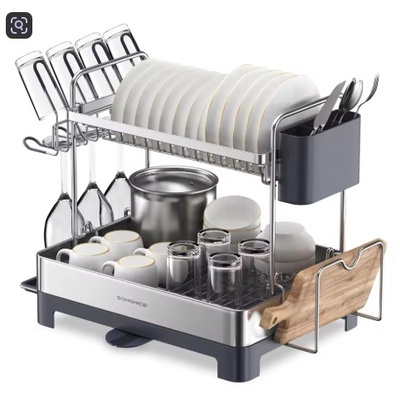 Songmics 2-tier dish drying rack – stainless steel kitchen counter organizer with 360° drain spout, utensil & cup holders - Thumbnail 2