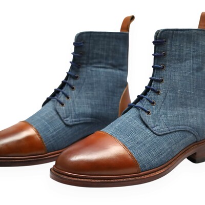 Crafted leather handmade men brown tweed leather ankle high lace up boot