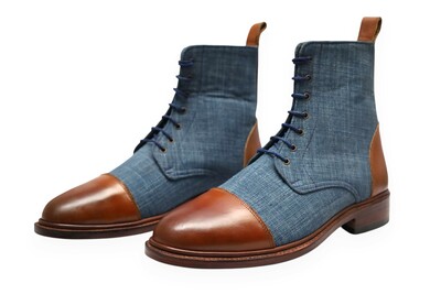 Crafted Leather Handmade Men Brown Tweed Leather Ankle High Lace up Boot