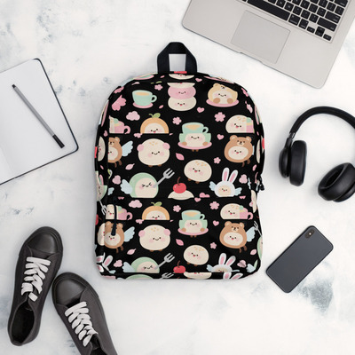 Women cute black backpack squishy mochi parade with faces, wings, hats, and hearts